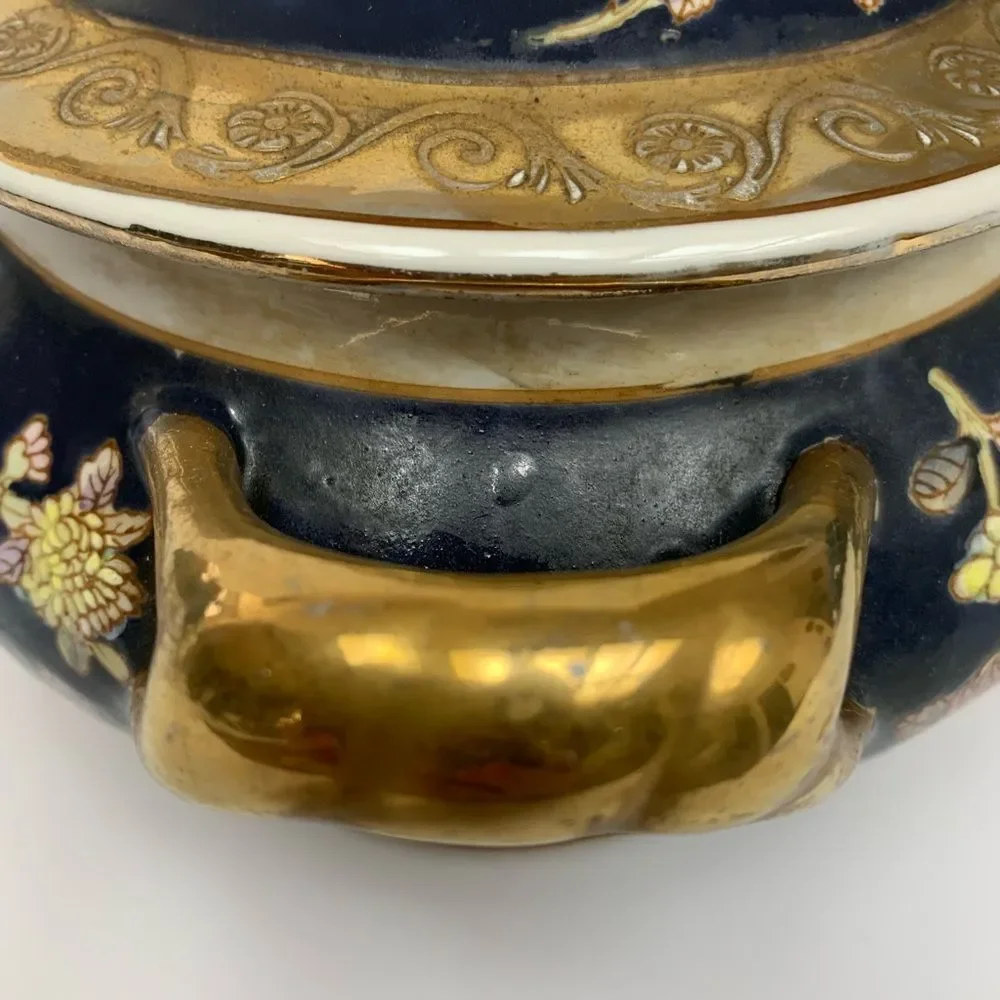 Antique Hand-Painted Porcelain Tureen Chinoiserie Satsuma style Blue Gold Gilt